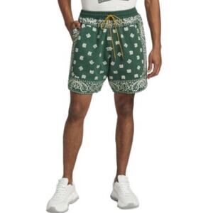 RHUDE Men’s Large Bandana Print Paisley Green Drawstring Jogger Shorts Lined